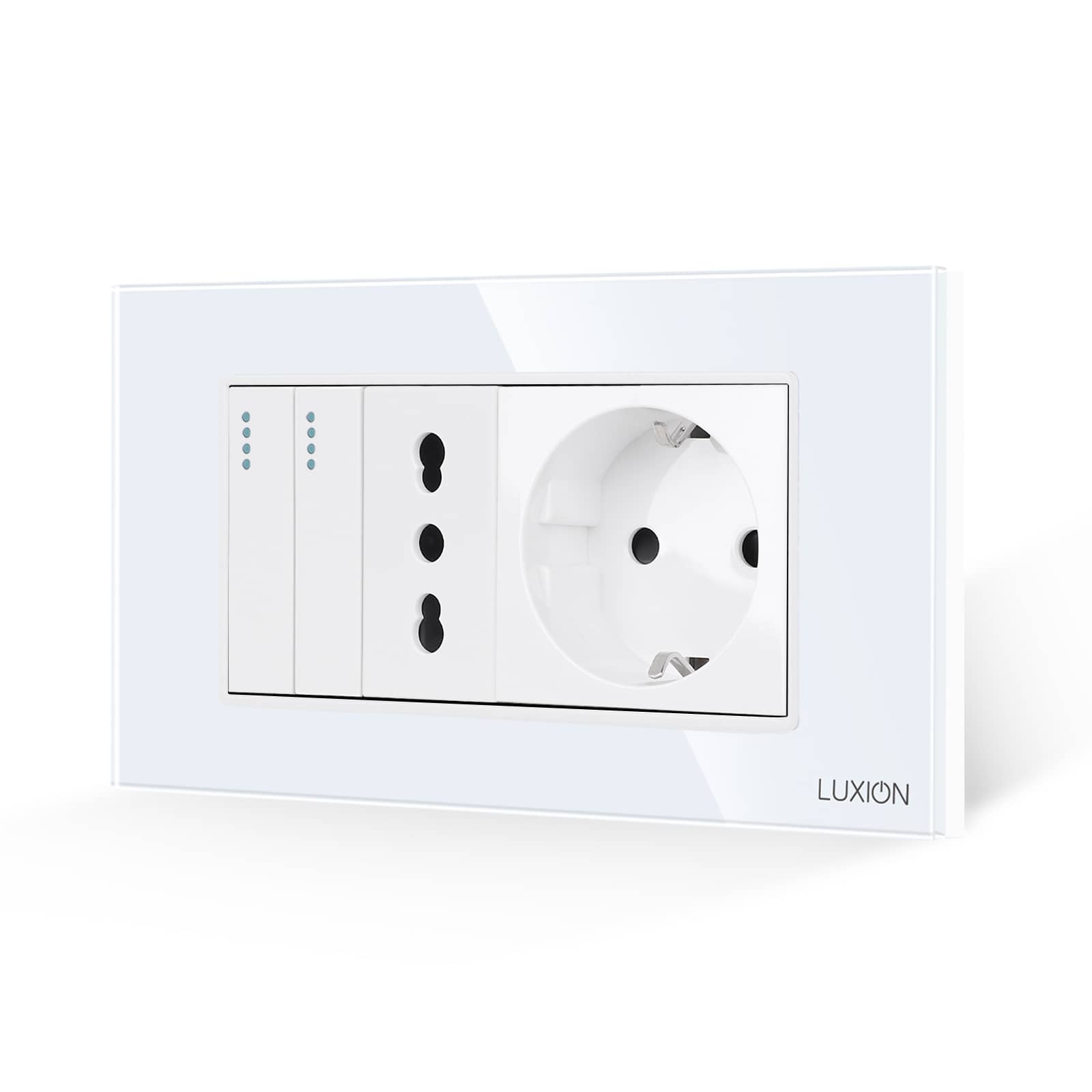 Intrerupator Dublu + Priza Ingusta + Priza Schuko cu Rama din Sticla LUXION, Standard Italian, 4M — imaginea 1